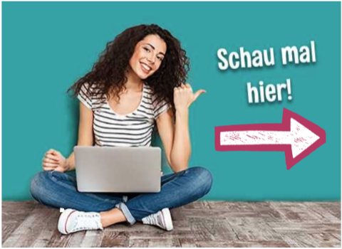 Frau mit Laptop im Schneidersitz, 'Schau mal hier' und großer Pfeil zeigen auf weitere Links für Ausbildung,Organisationen, Wegweiser